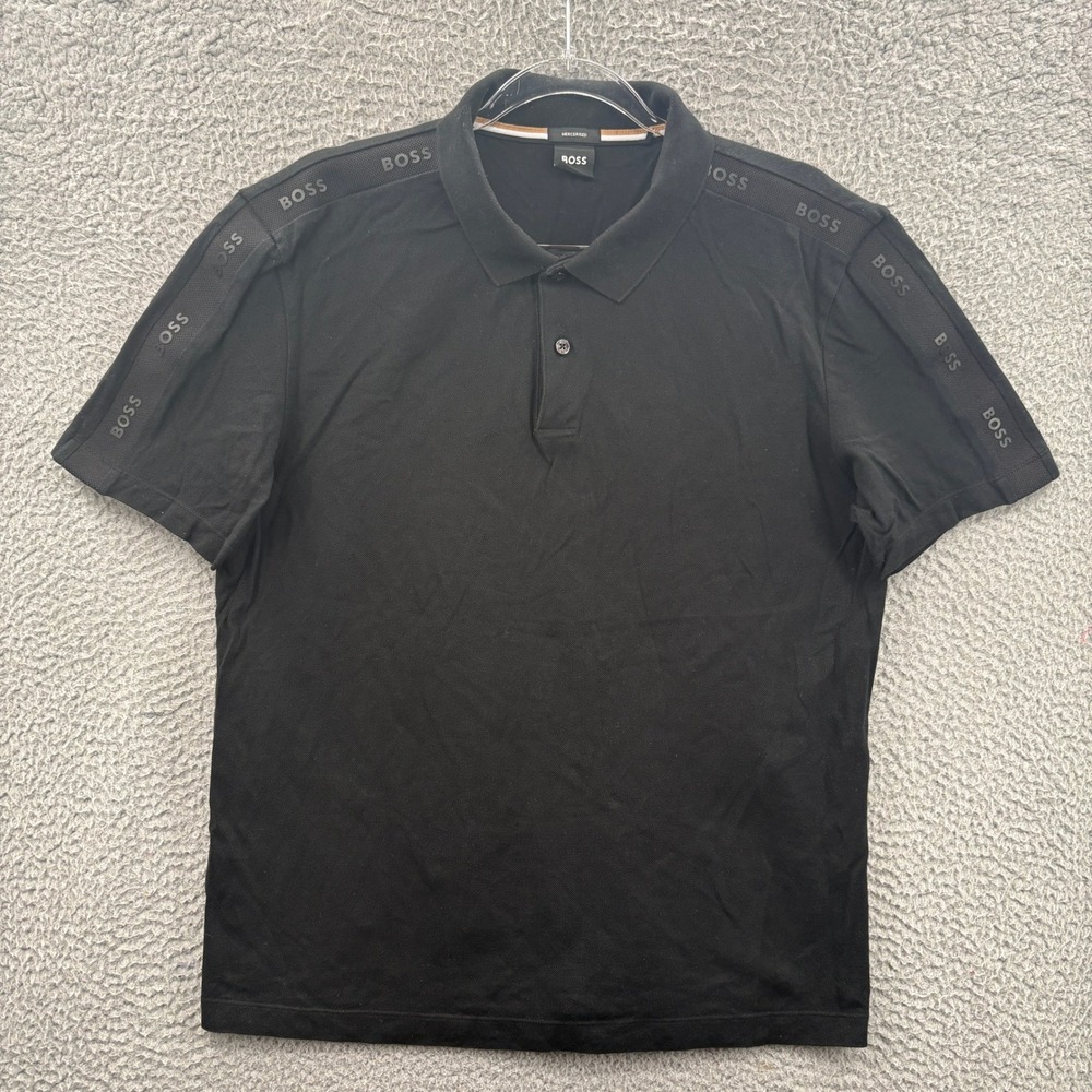 Hugo Boss Polo Shirt Mens Large Black Mercerized Cotton Logo Short Sleeve